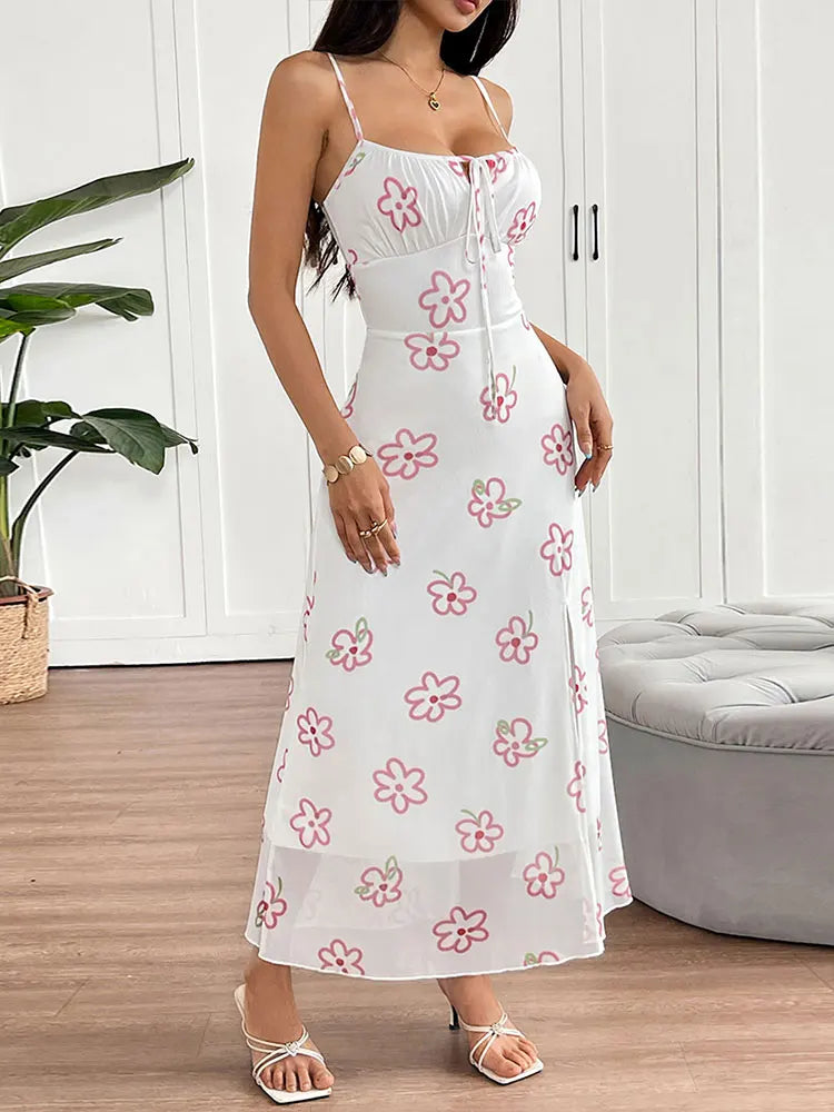 Vestido Largo Rosa Estampado con Tajo y Cordones