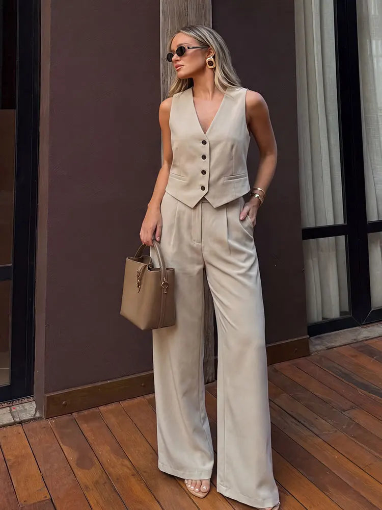 Conjunto Chaleco con Botones y Pantalón Wide Leg de Vestir