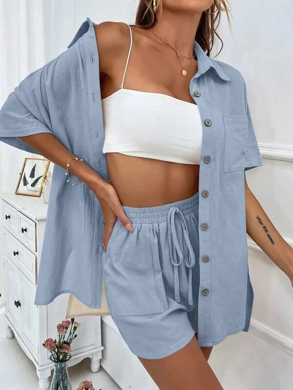 Conjunto Top Manga Larga con Botones y Short Wide Leg