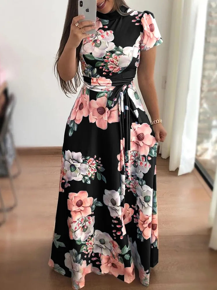 Vestido Largo con Estampado Floral y Manga Larga