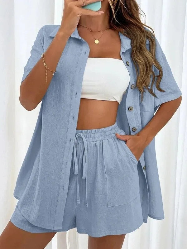 Conjunto Top Manga Larga con Botones y Short Wide Leg