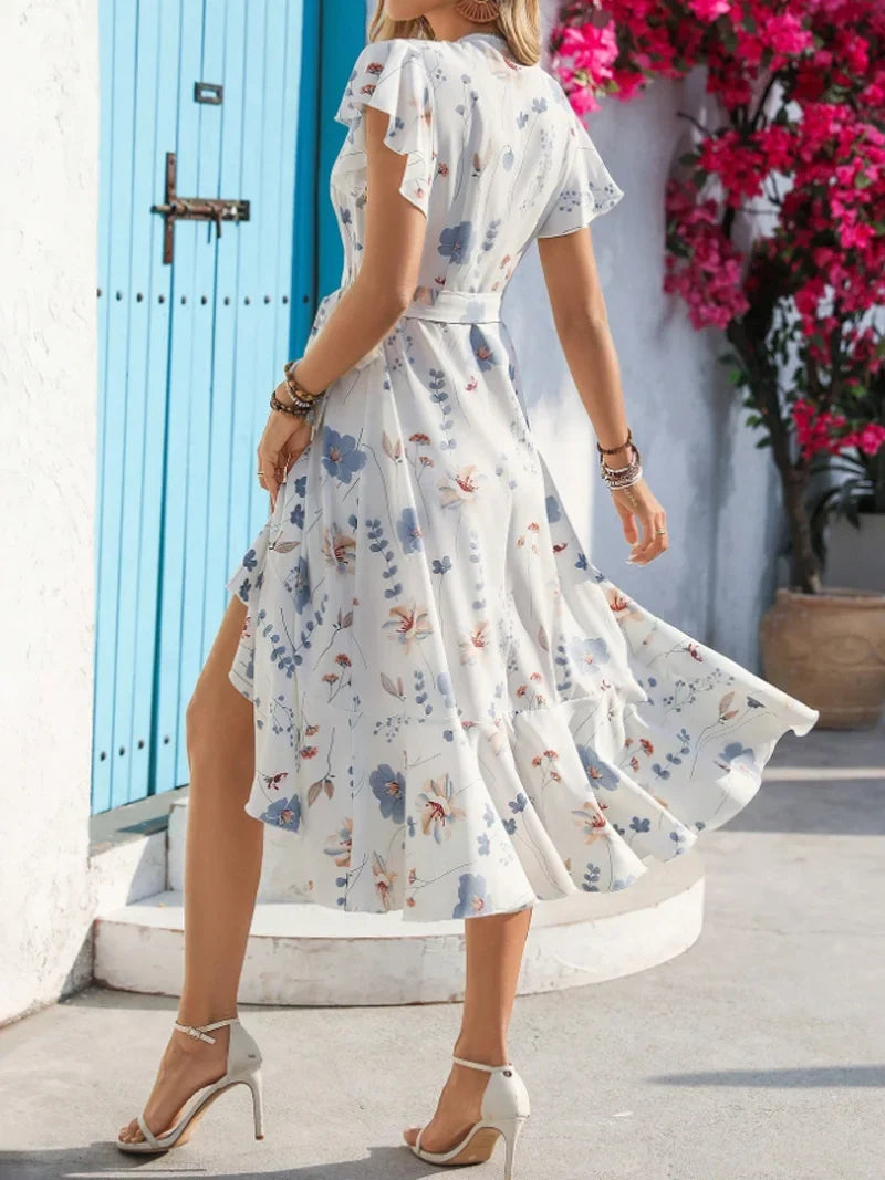 Vestido Midi Floral con Volados y Tajo