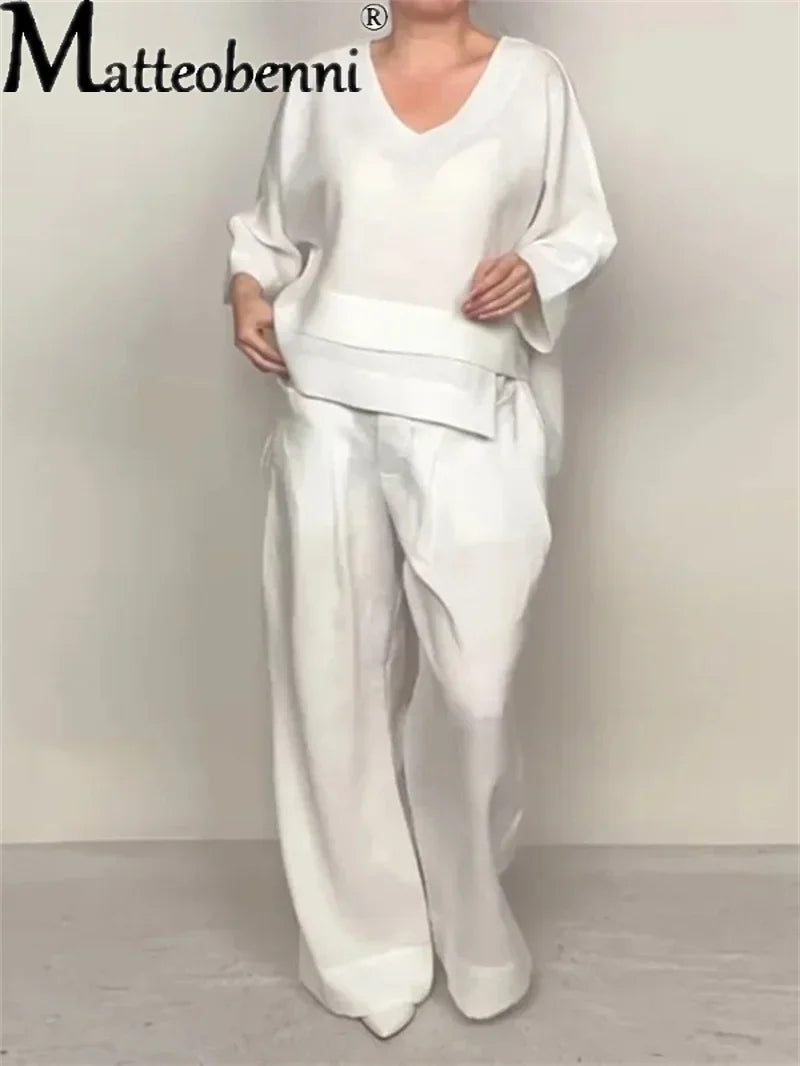 Conjunto de Lino Top Manga 3/4 y Pantalón Wide Leg