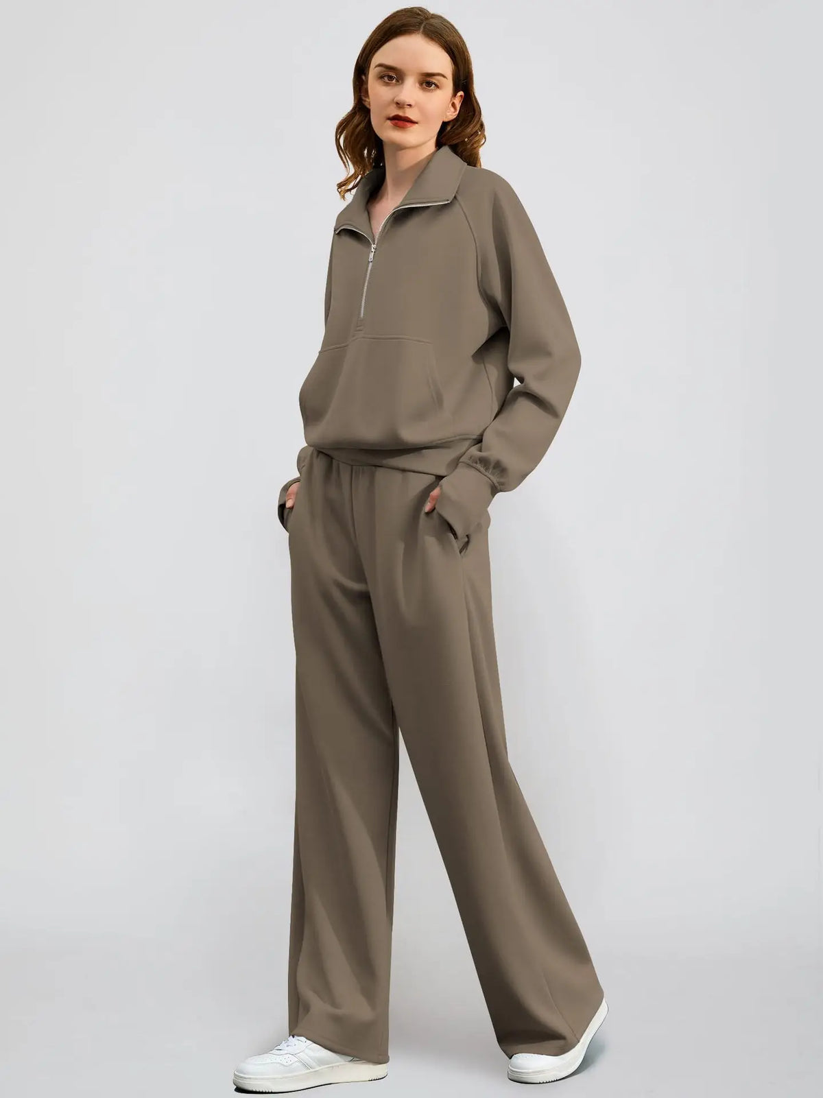 Conjunto Buzo Medio Cierre y Pantalón Wide Leg