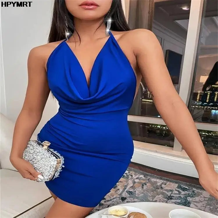 Mini Vestido Azul Escote V con Tajo