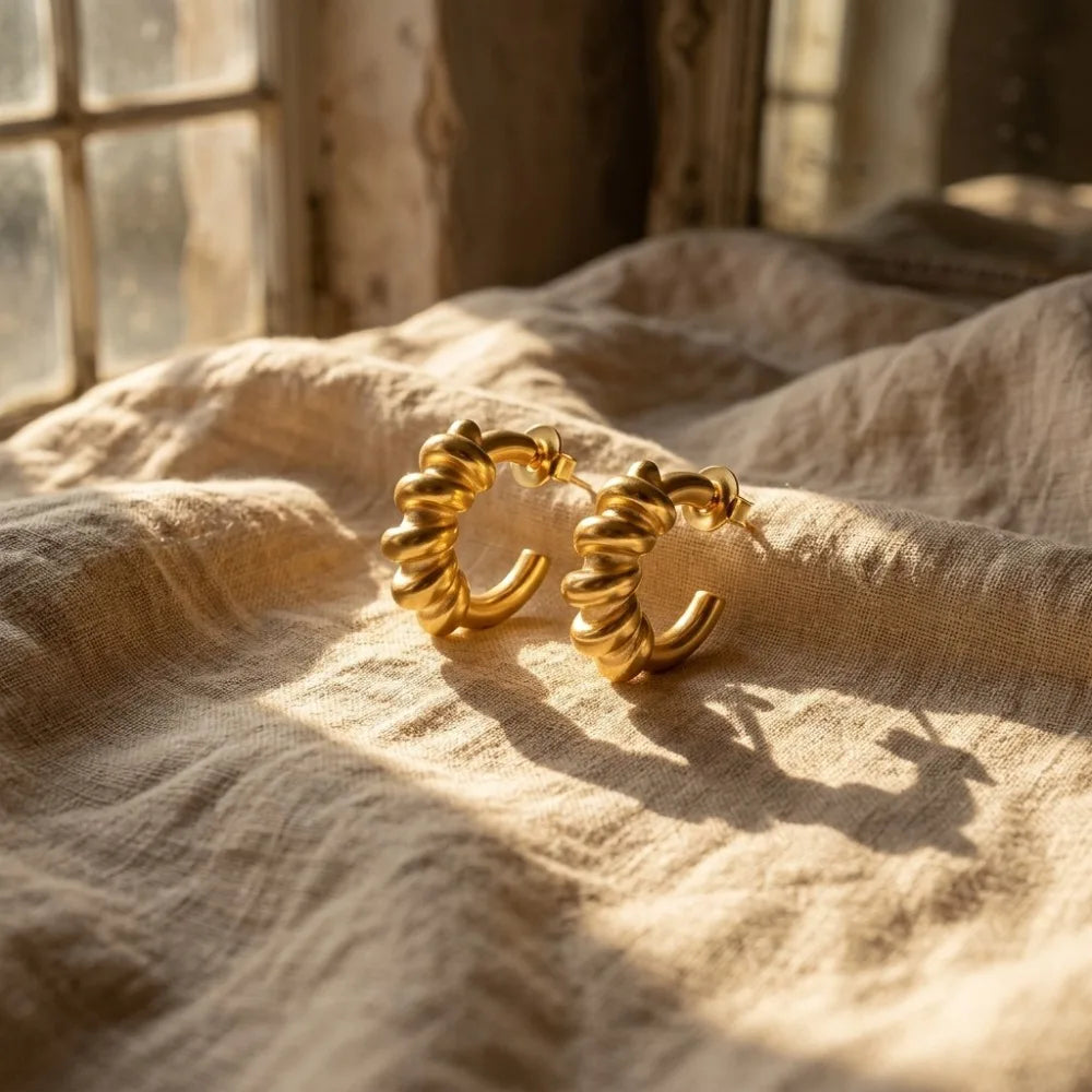Aros Tipo C Trenzados Acero Titanio 18K