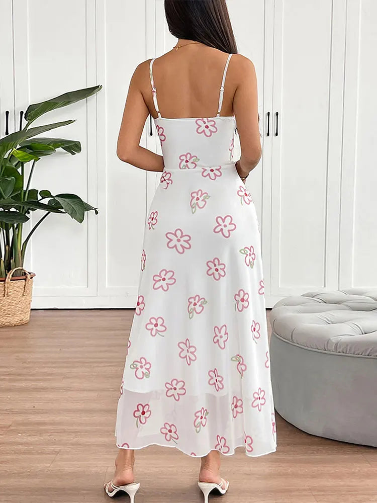 Vestido Largo Rosa Estampado con Tajo y Cordones