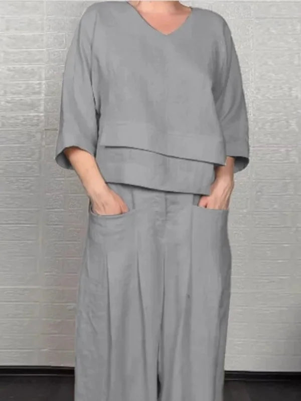 Conjunto Casual Asimétrico de Manga 3/4 y Pantalón Tiro Alto