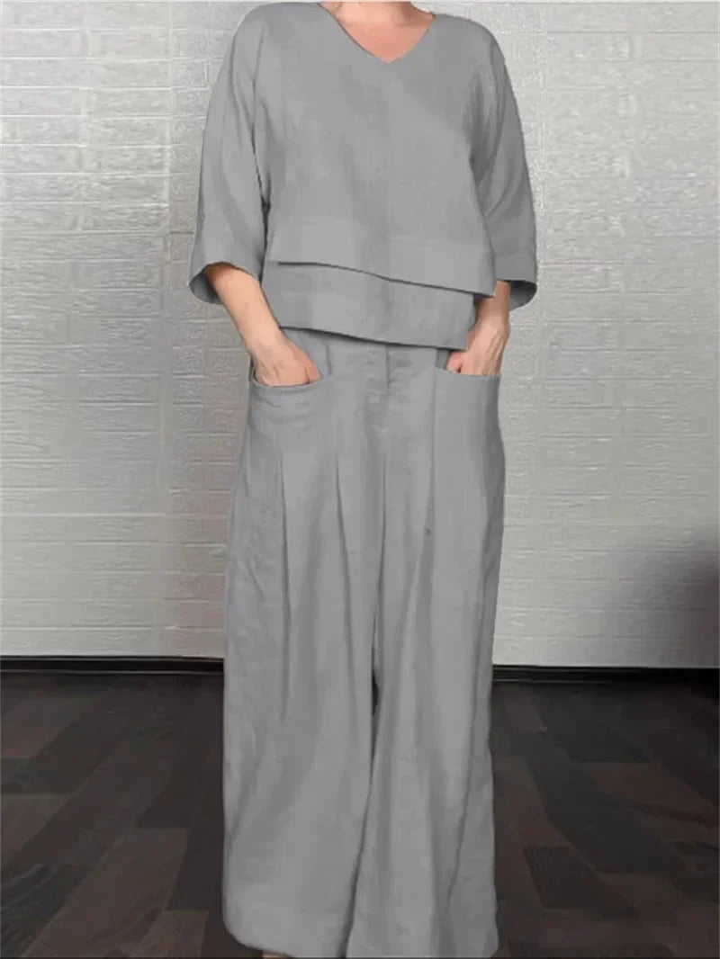 Conjunto de Lino Top Manga 3/4 y Pantalón Wide Leg