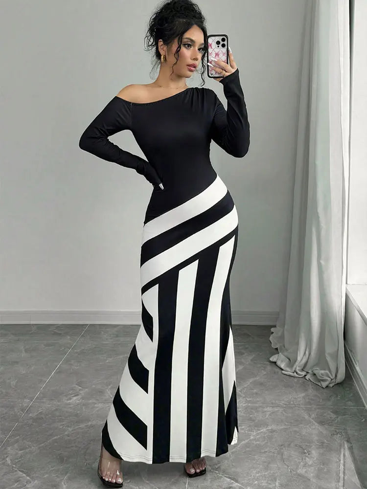 Vestido Largo Patchwork Blanco y Negro Slim