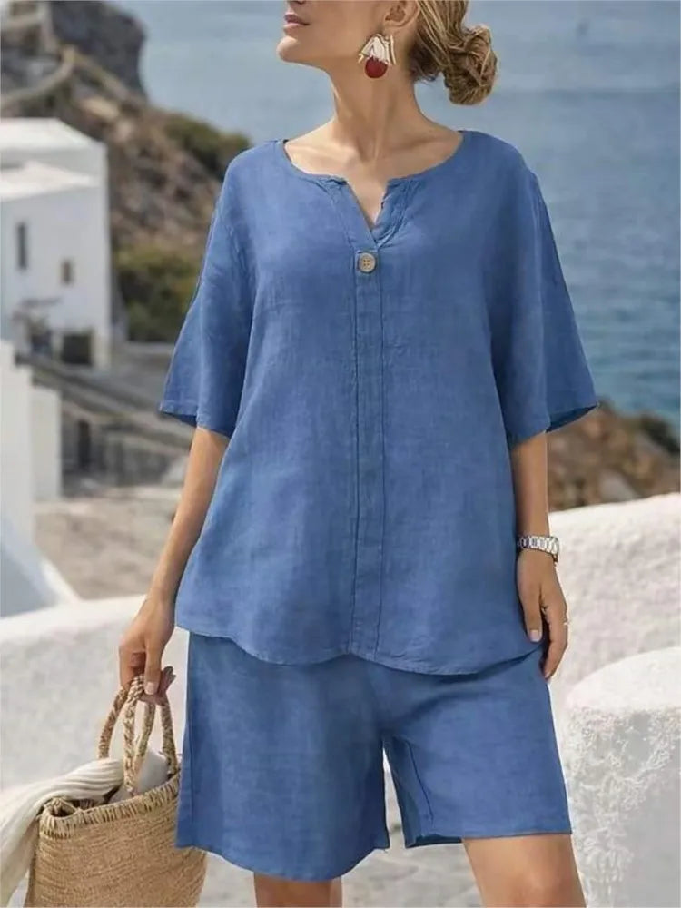 Conjunto de Lino Top Manga Corta y Pantalón Capri