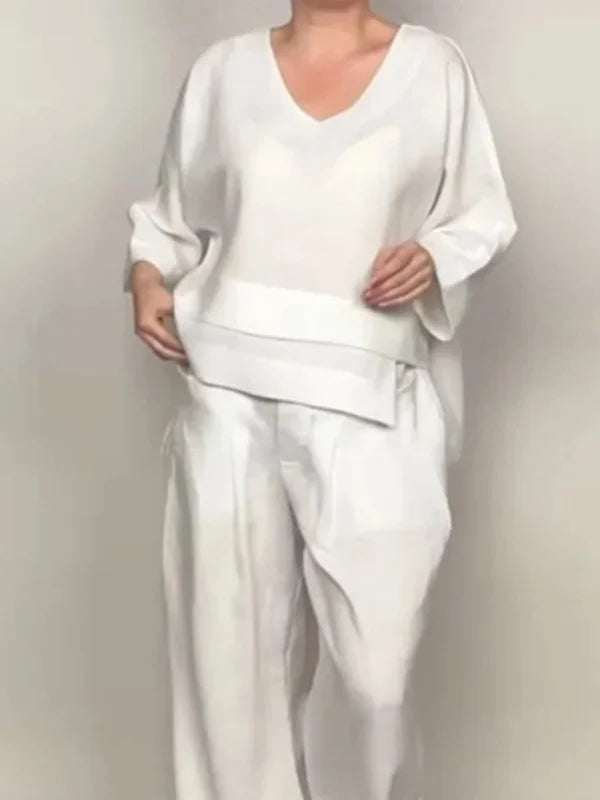 Conjunto Casual Asimétrico de Manga 3/4 y Pantalón Tiro Alto
