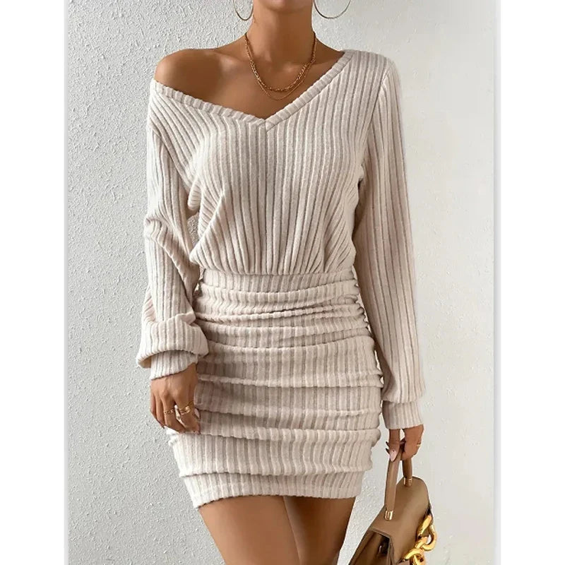 Mini Vestido Tejido Cruzado Escote V Manga Larga
