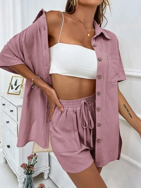 Conjunto Top Manga Larga con Botones y Short Wide Leg