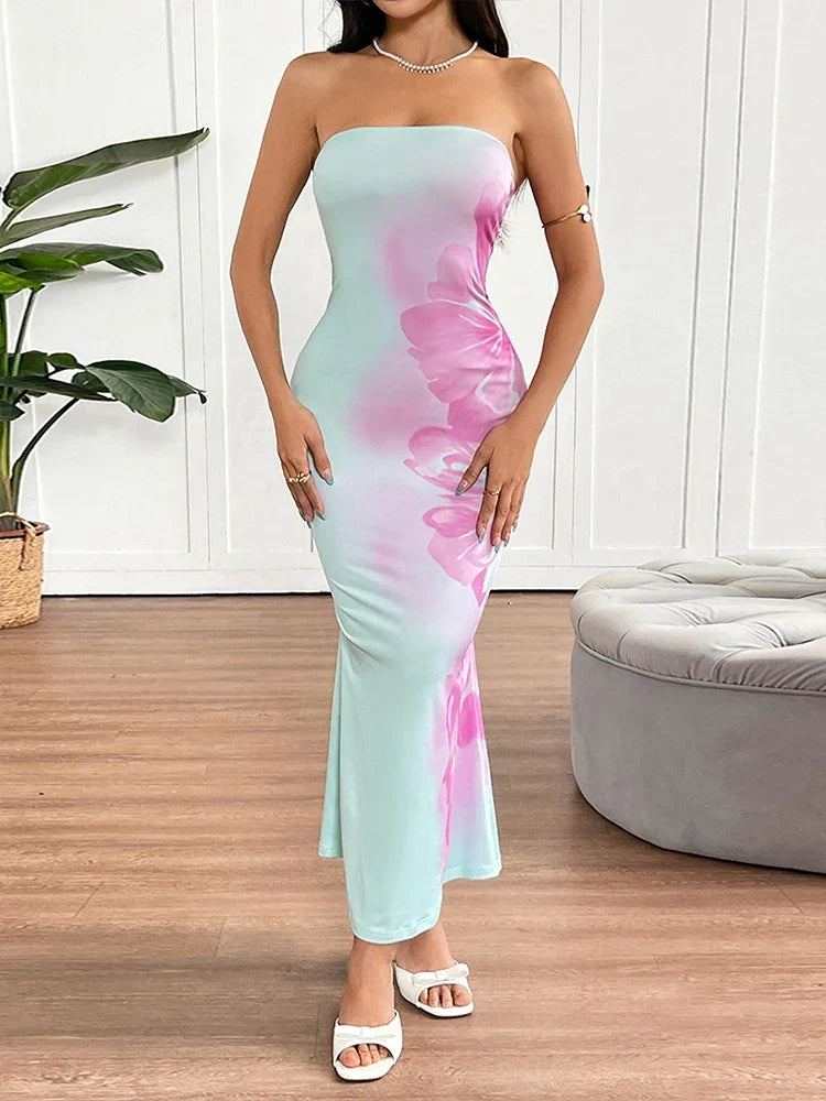 Vestido Largo Estampado Slim con Espalda Descubierta