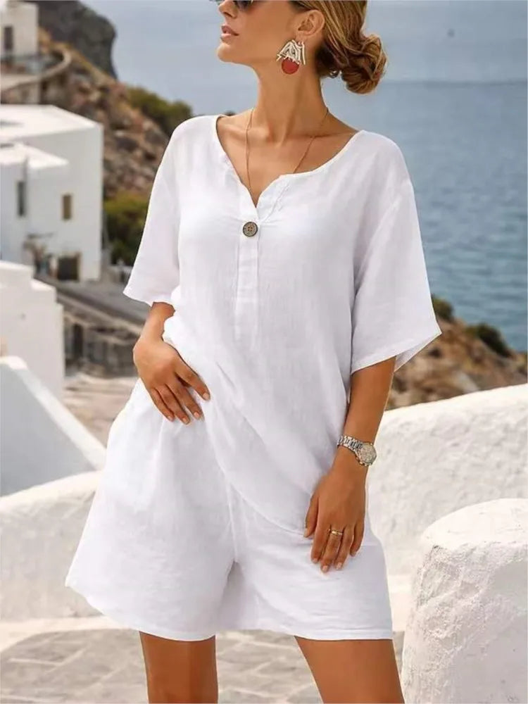 Conjunto de Lino Top Manga Corta y Pantalón Capri