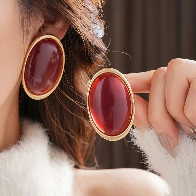 Aros Vintage Resina Roja Forma Oval