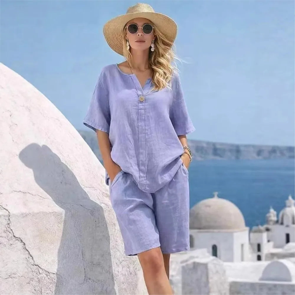 Conjunto de Lino Top Manga Corta y Pantalón Capri