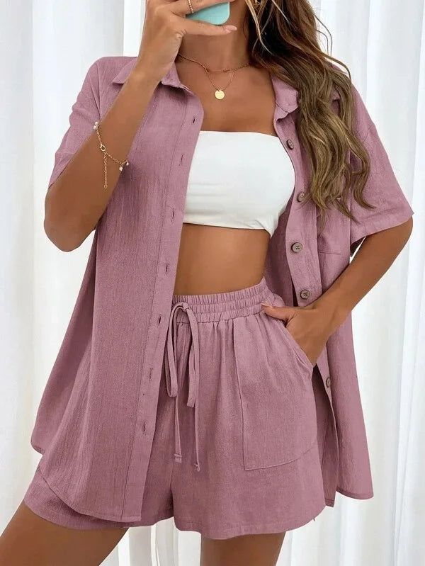 Conjunto Top Manga Larga con Botones y Short Wide Leg